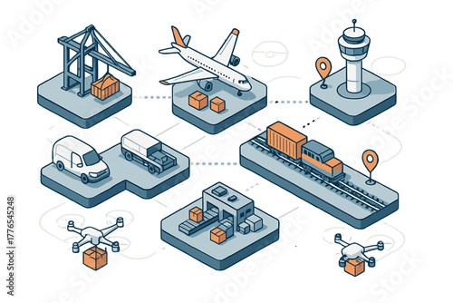 Global logistics network showing supply chain management and various transportation modes