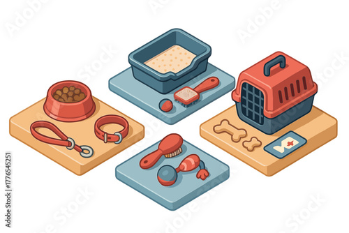 Isometric collection of essential pet supplies grooming tools food bowl carrier and toys