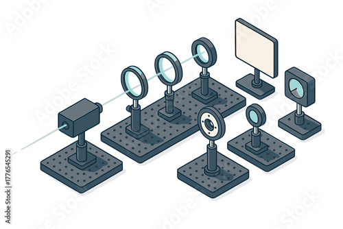Scientific optics experiment setup with laser beam passing through multiple lenses and optical components