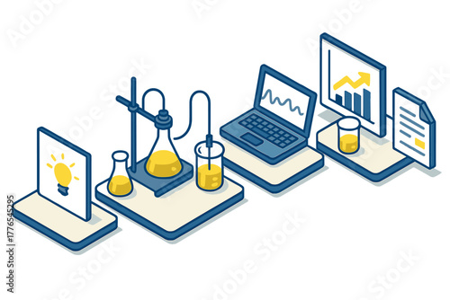 Scientific research process flow from laboratory experiment to data analysis and new idea generation