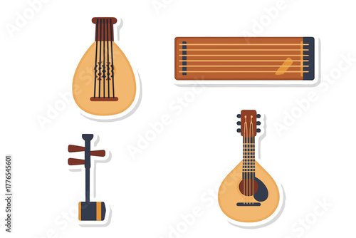 Collection of traditional string instruments including lute, zither, and mandolin