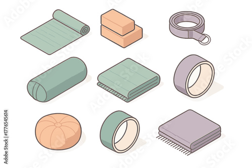 Isometric arrangement of essential yoga equipment like mats, blocks, bolsters, straps, and wheels