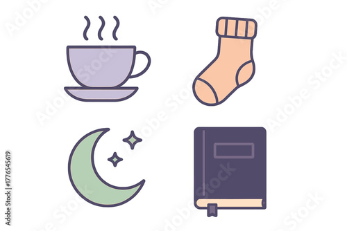 Cozy comfort icons featuring hot beverage cup, warm sock, nighttime moon, and reading book