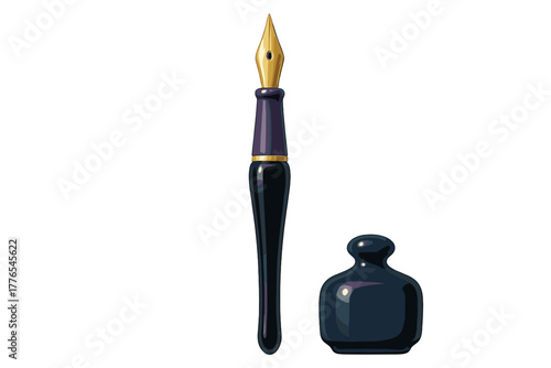 Elegant dip pen with golden nib and dark inkwell for traditional writing and calligraphy