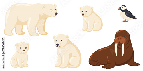 Arctic Animals Set Polar Bear, Walrus, Puffin