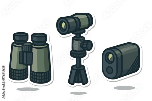 Set of outdoor observation equipment including binoculars, spotting scope, and rangefinder