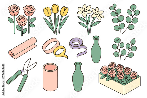 Set of essential floristry tools, supplies, fresh flowers, and decorative elements