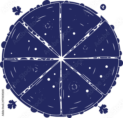 Graphical depiction of cut up quesadilla in deep blue vector illustration with garnish