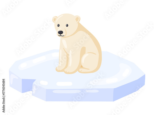 Cute Polar Bear Cub Sitting on Ice Floe