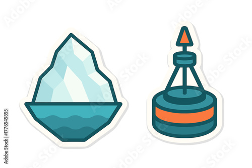 Stylized graphic of an iceberg floating in the sea and a navigational buoy