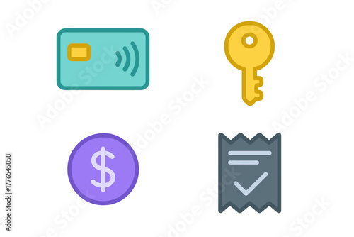 Financial security and transaction concepts featuring contactless card, key, dollar coin, and receipt