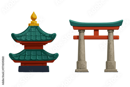 Detailed illustration of traditional Asian pagoda and Japanese Torii gate architectural elements
