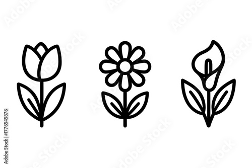 Minimalist black line icons set featuring spring flowers tulip daisy and calla lily