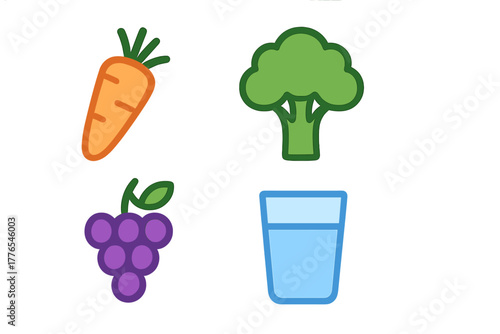 Essential healthy eating symbols featuring fresh carrot broccoli grapes and a refreshing glass of water