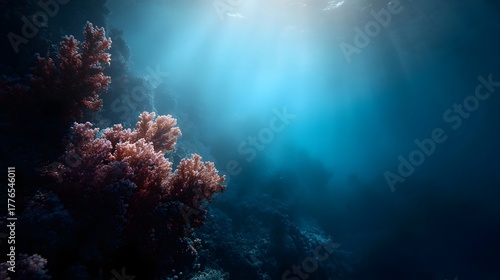 Fototapeta Naklejka Na Ścianę i Meble -  Sunlight streams through the deep blue ocean illuminating a vibrant coral reef