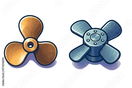 Set of two metallic propellers, one bronze three-bladed and one silver four-bladed, isolated on white