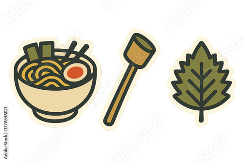 Minimalist sticker set of Japanese ramen bowl, wooden pestle, and green leaf icons