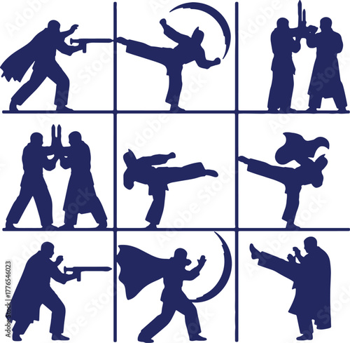 Silhouetted martial arts poses and fight stances showcasing diverse fighting styles and techniques art