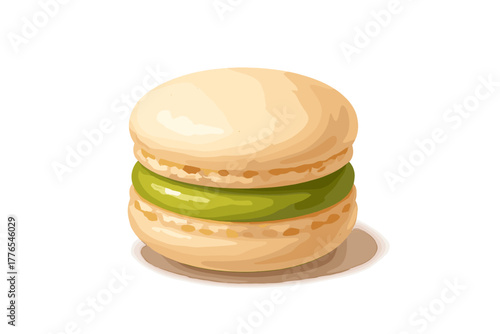 Gourmet French macaron pastry with light beige shells and vibrant green cream filling