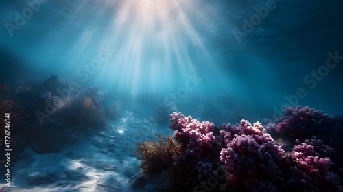 Fototapeta Naklejka Na Ścianę i Meble -  Underwater coral reef illuminated by ethereal sunbeams with vibrant colors on a sandy seabed