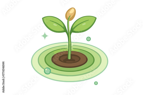 Vibrant young plant seedling emerging from soil with abstract concentric green rings