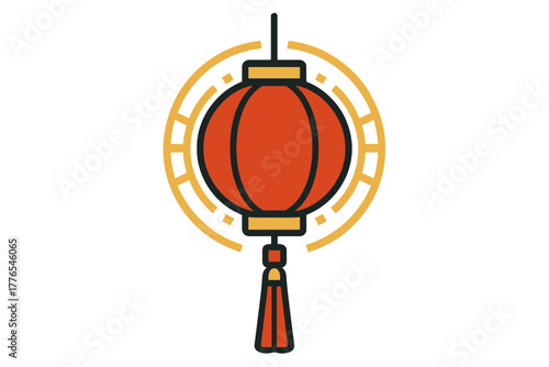 Traditional red Chinese lantern with golden circular frame and tassel decoration