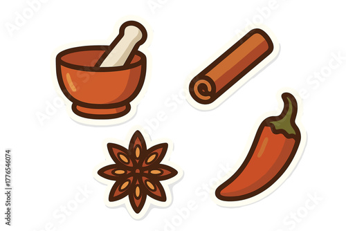 Collection of essential cooking ingredients and spices including mortar pestle cinnamon star anise and chili