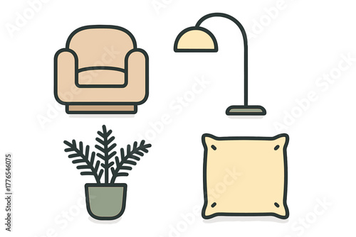 Minimalist set of living room furniture and decor elements including armchair, floor lamp, potted plant, and cushion