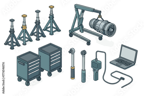 Professional mechanical tools and equipment set for automotive repair, featuring engine hoist, jack stands, and diagnostic devices