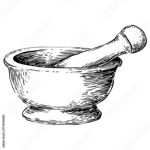 Traditional mortar and pestle. Used for grinding herbs, spices, or medicines. Kitchen and pharmacy tool.