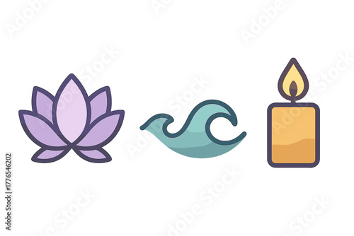 Lotus flower, ocean wave, and burning candle symbols for spa, wellness, and meditation