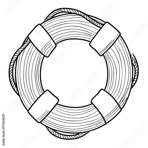 Lifebuoy outline drawing with rope. Safety ring for maritime rescue. Detailed sketch for marine and water safety.