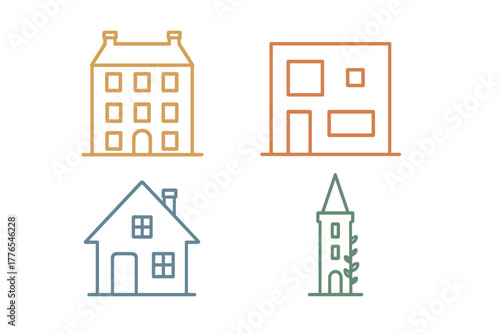 Architectural structures and residential buildings in simple outline style