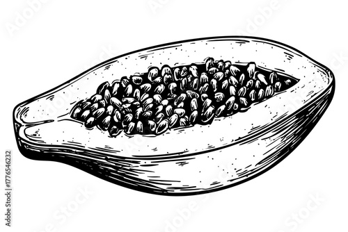 Half of papaya fruit with seeds. Hand drawn sketch. Exotic tropical food. Healthy eating ingredient. Organic dessert vector illustration.