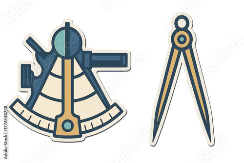 Vintage navigation sextant and geometric drawing compass tools set