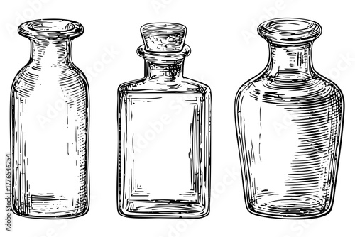 Empty glass bottles. Flask shape. Vintage style. Different sizes. Hand drawn containers. Isolated white background.