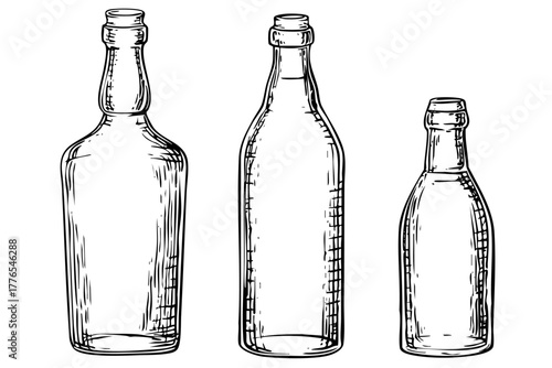 Glass bottles set. Various shapes. Different sizes. Empty liquid containers. Hand drawn objects isolated white background.