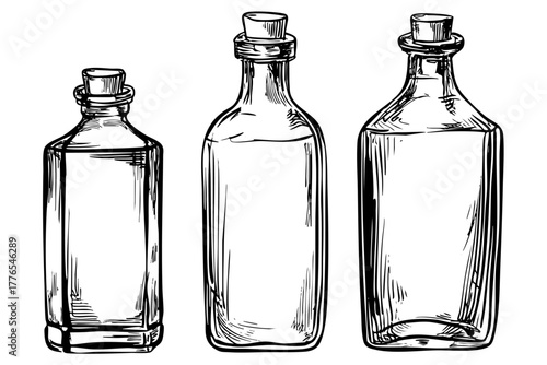 Collection of various glass bottles with cork stoppers. Hand drawn sketch illustration style, engraving. Vector isolated on white.