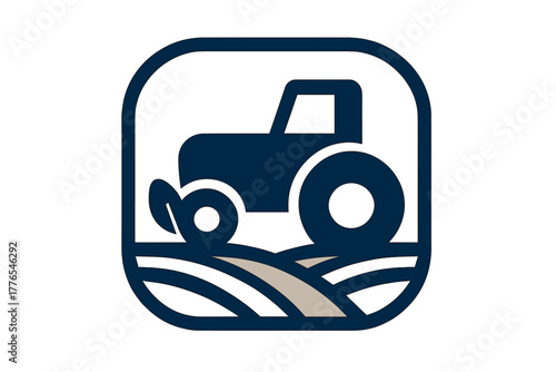 Stylized farming tractor icon driving over cultivated agricultural field rows