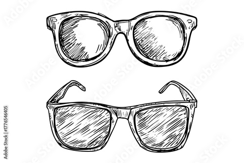 Fashionable sunglasses accessory. Trendy eyewear for sun protection. Hand drawn sketch style vector illustration set of eyeglasses.