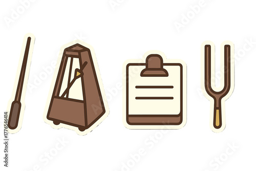 Essential music practice tools including metronome, tuning fork, conductor baton, and clipboard