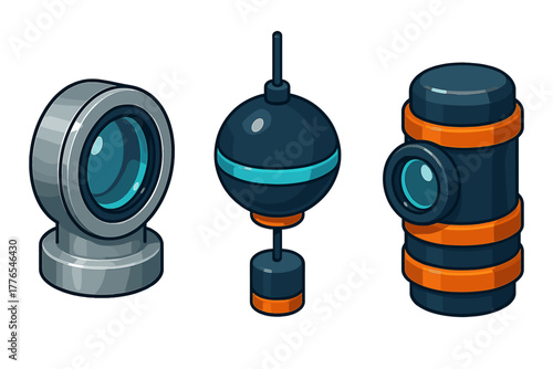 Three futuristic security cameras and surveillance sensors set in dark blue and orange colors