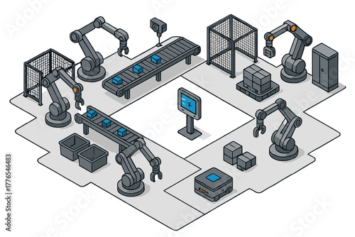 Automated smart factory production line with robotic arms, conveyor belts, and autonomous guided vehicles handling packages