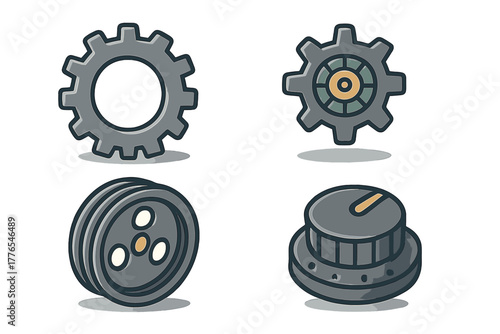 Collection of grey mechanical elements including cogwheels, pulley, and rotary control knobs