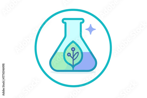 Laboratory flask containing a green leaf symbolizing sustainable chemistry and biotechnology research