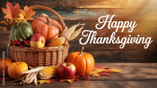 Happy thanksgiving text overlay on a rustic harvest basket filled with pumpkins and corn
