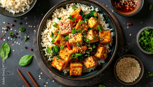 Wallpaper Mural A top-down shot of a rice bowl with tofu, veggies, sesame seeds, and dipping sauces Torontodigital.ca