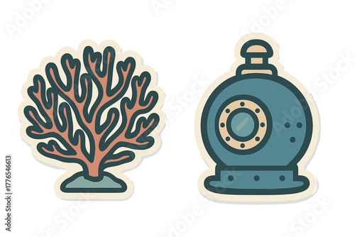 Stylized deep-sea diving helmet and colorful coral organism sticker set