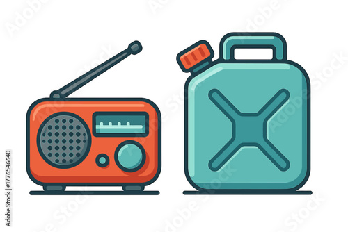 Retro portable radio receiver and blue fuel jerrycan isolated on white background