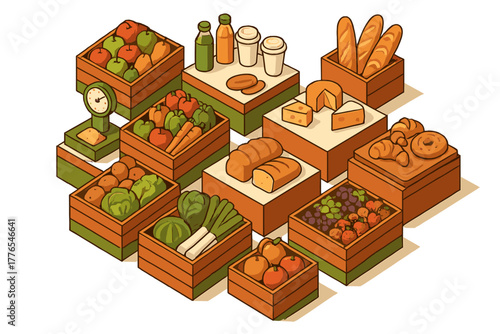 Fresh market produce and bakery goods display in isometric perspective view